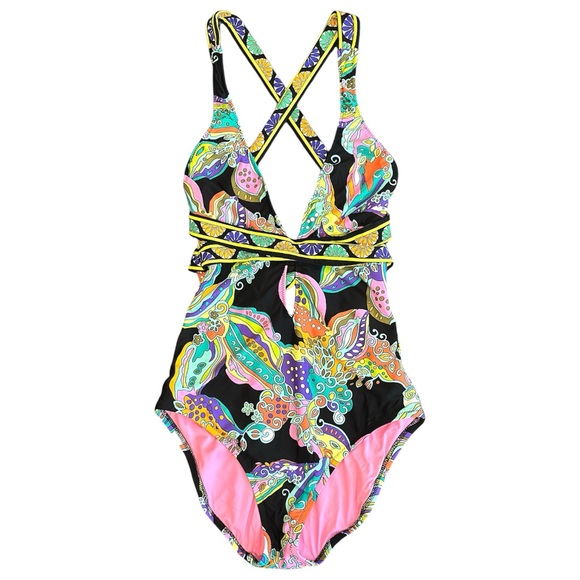 Trina Turk Sea Garden Floral Print One Piece Swimsuit Size 6 Plunge Black Multi - Picture 3 of 8